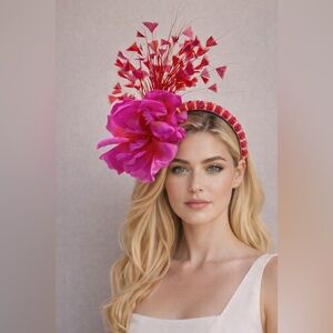 Elegant Pink Floral Feather Fascinator Headband Statement Kentucky Derby Oaks